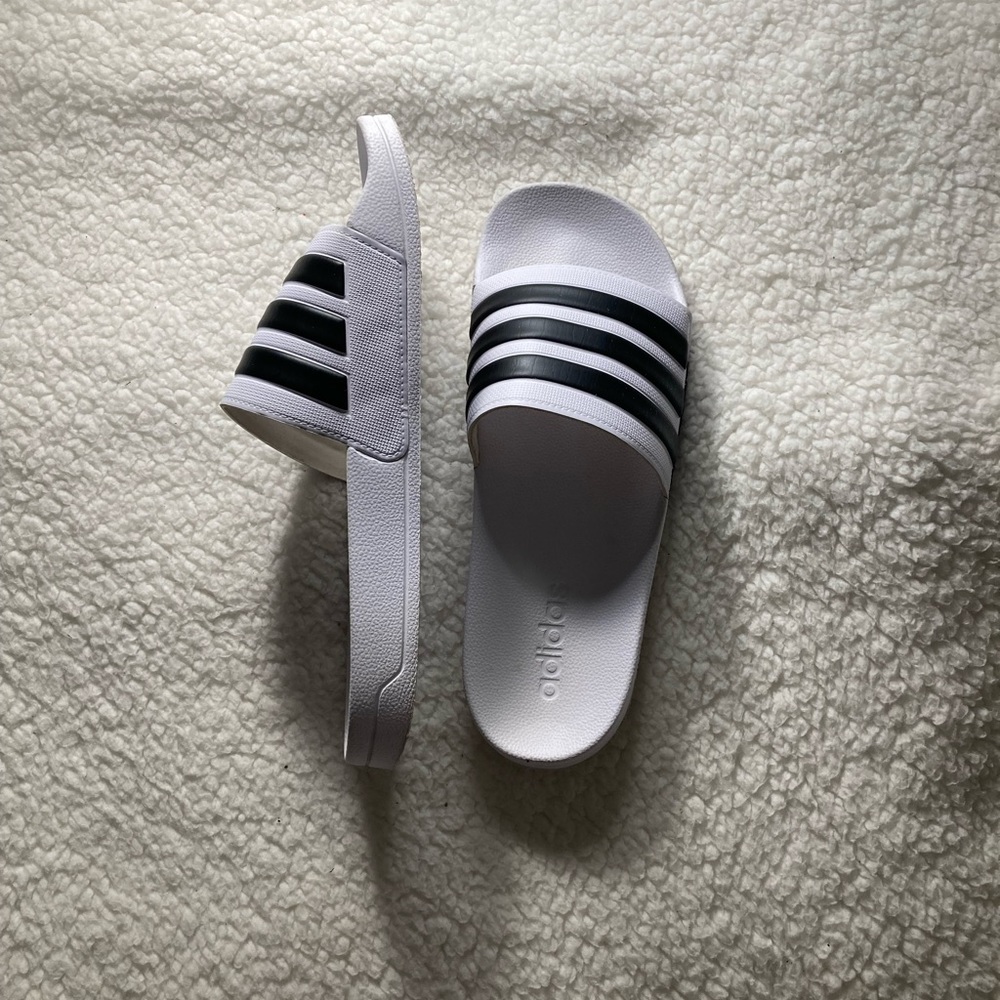 Women’s black and white Adidas slides size 9